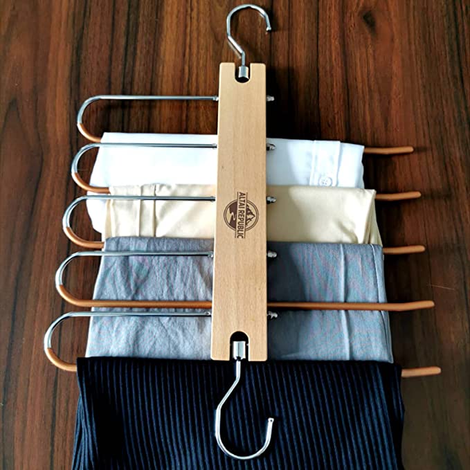 Altai Republic Beech Wooden Pants Hangers Space Saver - Trouser Hanger, Space-Saving 5-in-1 Trouser Hanger, Stainless Steel Extendible, Multi Hanger, Magic Hanger, Wardrobe Clothes Hanger Holder