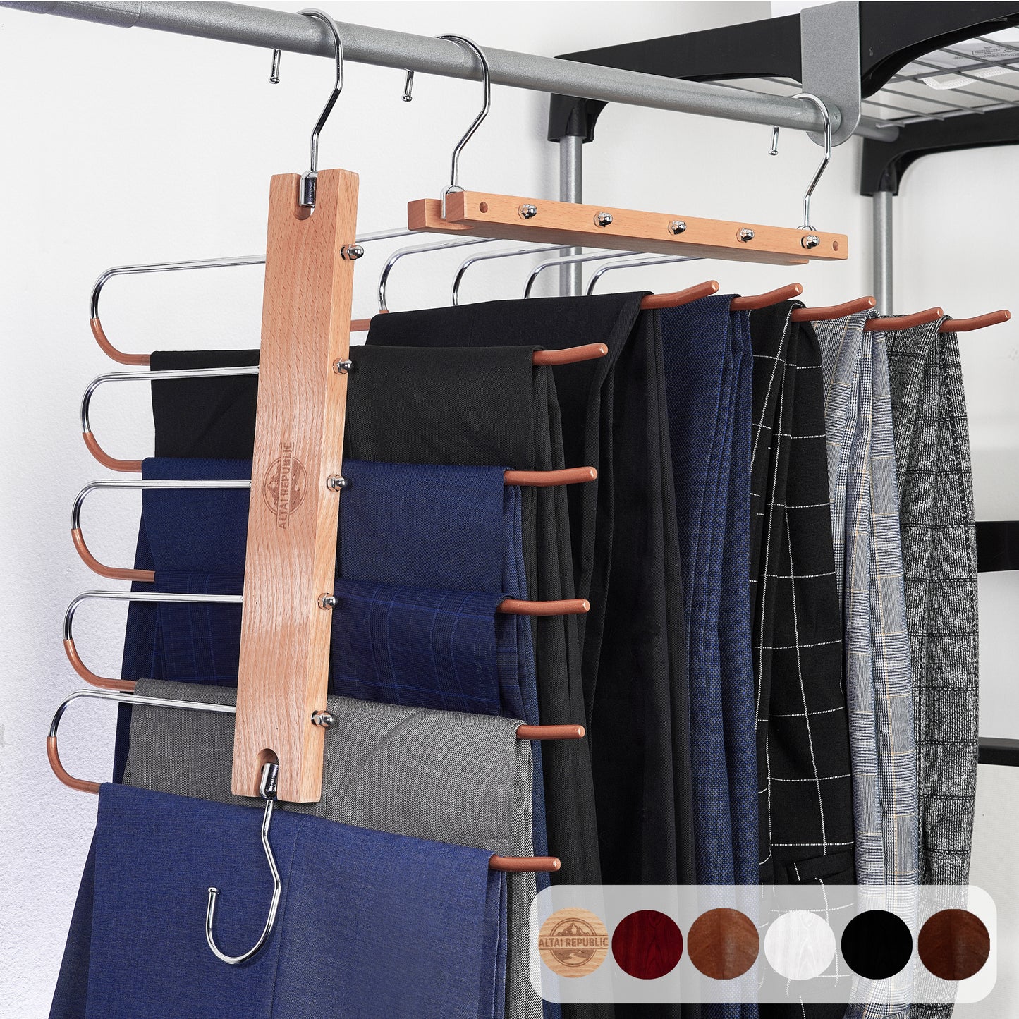 Altai Republic Beech Wooden Pants Hangers Space Saver - Trouser Hanger, Space-Saving 5-in-1 Trouser Hanger, Stainless Steel Extendible, Multi Hanger, Magic Hanger, Wardrobe Clothes Hanger Holder