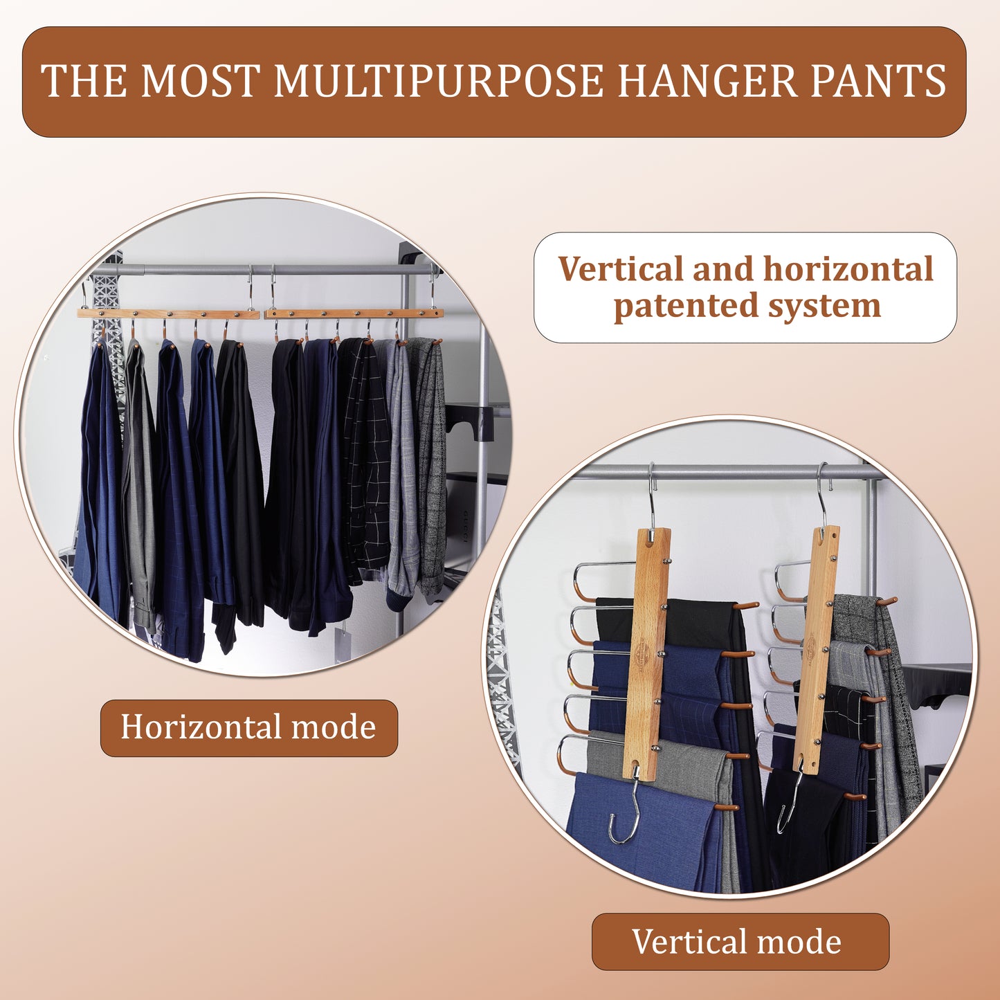 Altai Republic Beech Wooden Pants Hangers Space Saver - Trouser Hanger, Space-Saving 5-in-1 Trouser Hanger, Stainless Steel Extendible, Multi Hanger, Magic Hanger, Wardrobe Clothes Hanger Holder